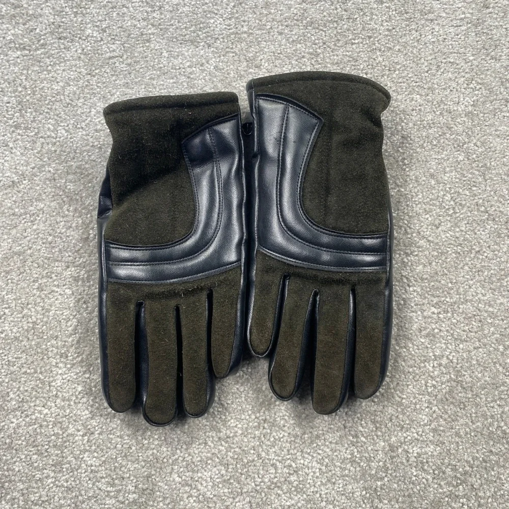VTG Winter Gloves Ladies Large Green Black Suede Vinyl Snap Wrist Strap Japan